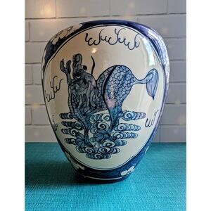 Vintage MCM Asian Vase Blue And White Ceramic Hand Painted Dragon and Peony